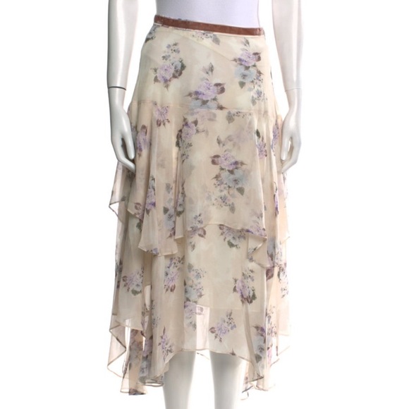 LoveShackFancy Alex Ivory Silk Floral Print Tiered Asymmetric Hem Midi Skirt 2 - Picture 1 of 7